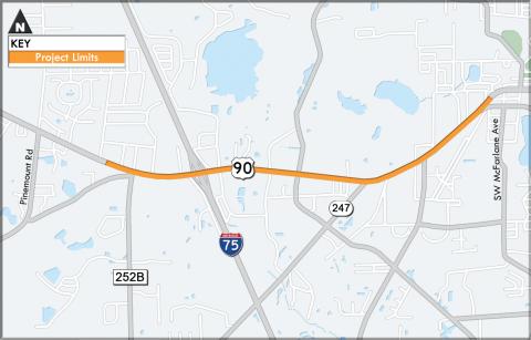 A map shows the boundaries of the road work on happening on U.S. Highway 90. The 3.3 mile long stretch of road is expected to be complete by early 2023. (COURTESY)