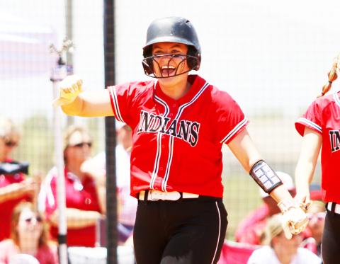 Fort White pitcher Kadence Compton celebrates after hitting a home run against Dixie County in the Class 1A state semifinals at Legends Way Ballfields on Tuesday in Clermont. (WILL TURNER/Special to the Reporter)