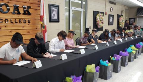 During a SkillsUSA National Signing Day event Thursday, 22 local high school students signed ‘letters of intent’ to pursue career and technical education at Riveroak Technical College. (COURTESY)
