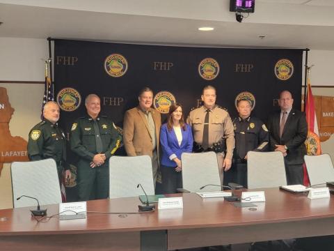 Suwannee County Sheriff Sam St. John (second from left), Columbia County Sheriff Mark Hunter (third from left) and Lake City Police Chief Gerald Butler (second from right) were part of a roundtable discussion with Lt. Gov. Jeanette Nunez (center) on drug and human trafficking on Monday. (COURTESY)