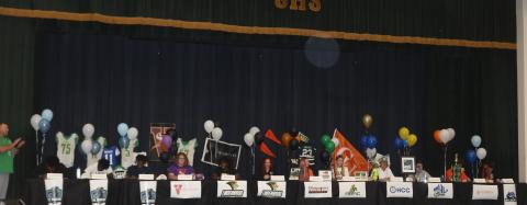 Twelve Suwannee seniors signed letters of intent during a ceremony Wednesday afternoon at the school. Signing were Jimariai Brooks (from left), Andrew Brown, Terrell Atkinson, Braxton Thompson, Austin Smith, Brooke-Lyn Hanuszak, Lindsay Self, Karis Smith, Matthew Gill, Peyton Slaughter, Tyson Musgrove and CJ Joyner. (JAMIE WACHTER/Lake City Reporter)