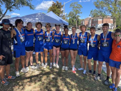 Branford’s track team brought home 11 medals from the Class 1A state meet on Wednesday in Gainesville. Team members pictured are coach Tim Clark (from left), Justin Hernandez, Ann Marie Mowrer, Austin Malaguti, Josue Sierra Berrios, Hannah Terry, Zamaria Granado, Nathalia Veal, Seth Humphries, Adrik Miller, Kyson Johnson and coach Erin Clark. Not pictured are Devin Mosley and Zoe Richmond. (COURTESY)