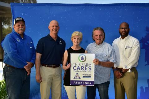 Carl and Joan Allison (center), of Columbia County, were recognized by the Florida Farm Bureau’s County Allicance for Responsible Environmental Stewardship (CARES) program on May 5. Joining the Allisons are Suwannee River Water Management Director Hugh Thomas (from left), Florida Farm Bureau President Jeb S. Smith and Andra Johnson, the UF/IFAS dean of extension and director of the Florida Cooperative Extension Service. (Photos by ROB WOLFE/Special to the Reporter)
