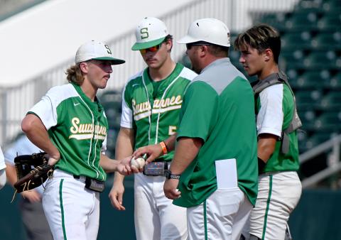 Suwannee head coach Justin Bruce pulls pitcher Matthew Gill from the mound during the Class 4A state semifinals on Monday at Hammond Stadium in Fort Myers. (CHRIS TILLEY/Special to the Reporter)