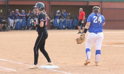 Fort White’s Maddy Keen celebrates on first base after hitting a single against Jay during the Class 1A state championship game at Legends Way Ballfields on Wednesday in Clermont. (MORGAN MCMULLEN/Lake City Reporter)