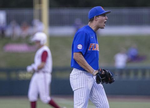 Florida pitcher Carsten Finnvold reacts coming off the mound during Sunday's NCAA regional game against Oklahoma in Gainesville. (CYNDI CHAMBERS/Ocala Star-Banner via AP)