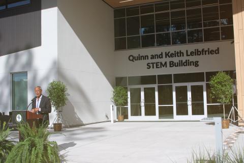 Keith Leibfried speaks during grand opening ceremony of the Quinn and Keith Leibfried STEM Building on the Florida Gateway College on Thursday. (TONY BRITT/Lake City Reporter)