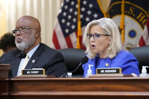 Vice Chair Liz Cheney, R-Wyo., gives her opening remarks as Committee Chairman Rep. Bennie Thompson, D-Miss., left, looks on, as the House select committee investigating the Jan. 6 attack on the U.S. Capitol holds its first public hearing to reveal the findings of a year-long investigation, at the Capitol on Thursday in Washington. (J. SCOTT APPLEWHITE/Associated Press)