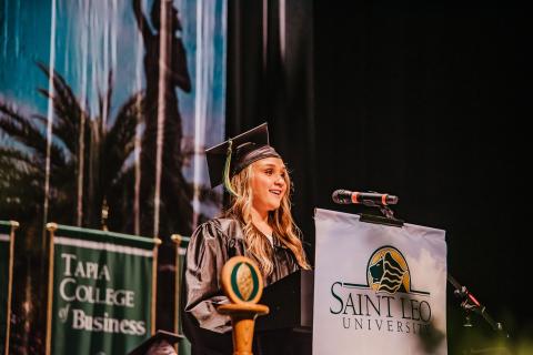 Emilee Cannon, of Live Oak, gives the student farewell June 11 at Saint Leo University’s commencement ceremony in Savannah, Georgia. Cannon studied at the Lake City Education Center. (COURTESY/St. Leo University)