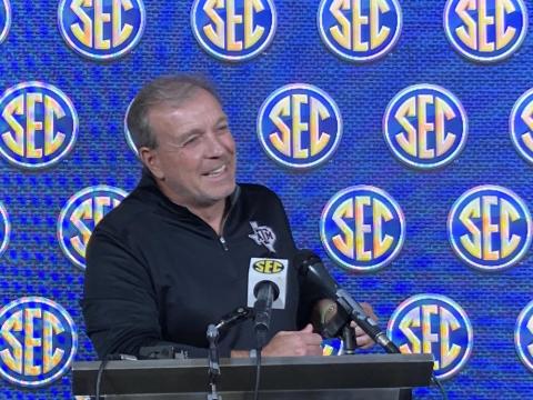 Texas A&M coach Jimbo Fisher speaks during the SEC spring meetings on Wednesday in Destin. (RALPH D. RUSSO/Associated Press)