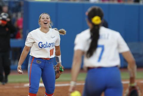 Florida’s Natalie Lugo (10) celebrates after the final out against Oregon State in the Women’s College World Series on Thursday in Oklahoma City. (ALONZO ADAMS/Associated Press)