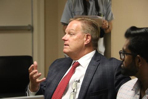 Meridian Behavioral Healthcare Inc. CEO Don Savoie expands on an idea during the Lake Shore Hospital Authority’s Monday meeting. (MORGAN MCMULLEN/Lake City Reporter)