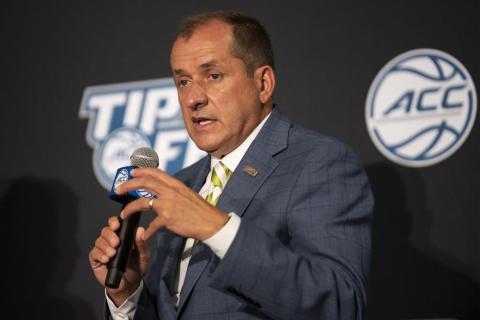 Atlantic Coast Conference Commissioner Jim Phillips speaks during ACC basketball media day on Oct. 12, 2021, in Charlotte, N.C. (AP FILE)