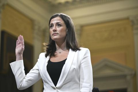 Cassidy Hutchinson, a top former aide to Trump White House Chief of Staff Mark Meadows, is sworn-in as she testifies during the sixth hearing by the House Select Committee on the Jan. 6 insurrection on Tuesday in Washington, DC. (BRANDON BELL/Getty Images/TNS)