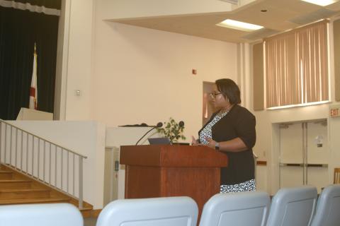 Hope Jernigan, an assistant superintendent with Columbia County Schools, presents the district’s strategic plan for 2023-2028 to school board members Tuesday. (TONY BRITT/Lake City Reporter)