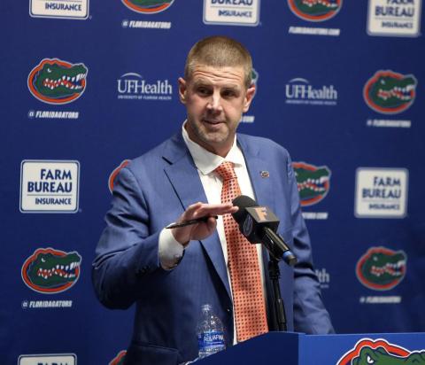 Florida head football coach Billy Napier speaks to the media during his introductory news conference at Ben Hill Griffin Stadium on Dec. 5, 2021, in Gainesville. (BRAD MCCLENNY/The Gainesville Sun via AP)