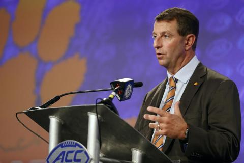 Clemson head coach Dabo Swinney answers a question at ACC Media Days on July 20 in Charlotte, N.C. (NELL REDMOND/Associated Press)