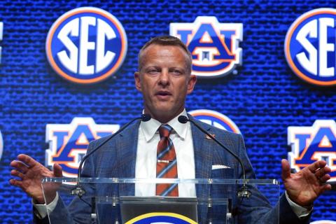 Auburn head coach Bryan Harsin speaks during SEC Media Days on Thursday in Atlanta. (JOHN BAZEMORE/Associated Press)