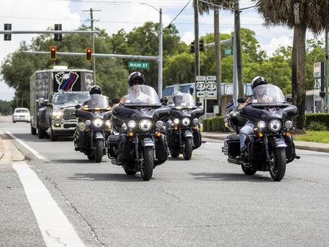 Motorcycle riders with the End of Watch Ride to Remember roll into Mayo on Saturday for a stop on the 79-day journey to honor Lafayette County Sheriff’s Office Lt. Lonny Hempstead, who passed away last August from complications due to contracting covid-19. (JACK HOWDESHELL/Special to the Reporter)