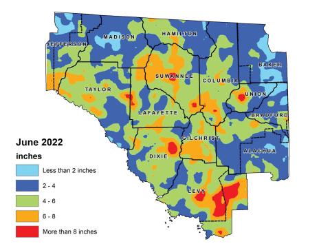 The Suwannee River Water Management District’s hydrologic conditions report for June shows most of the district received between two and six inchdes of rain in the month. (COURTESY)