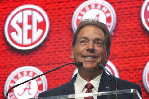 Alabama head coach Nick Saban speaks during SEC Media Days on Tuesday in Atlanta. (JOHN BAZEMORE/Associated Press)