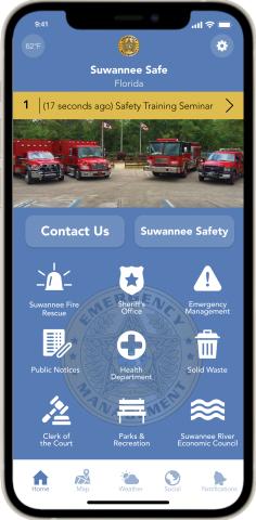 A concept for the proposed Suwannee Safe app shows the app’s different features. (COURTESY)
