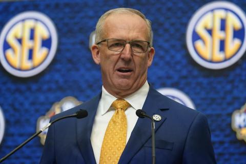 Southeastern Conference Commissioner Greg Sankey speaks during SEC Media Days on Monday in Atlanta. (JOHN BAZEMORE/Associated Press)