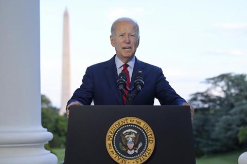 President Joe Biden speaks from the Blue Room Balcony of the White House Monday as he announces that a U.S. airstrike killed al-Qaida leader Ayman al-Zawahri in Afghanistan. (JIM WATSON/Associated Press)
