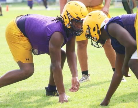 Columbia defensive end Rashod Bradley gets in his stance during a drill during Monday’s practice. (JORDAN KROEGER/Lake City Reporter)