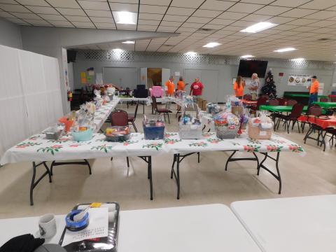 Baskets of donated goods sit in the halls of the American Legion Post 57 ahead of Saturday’s auction. (COURTESY)