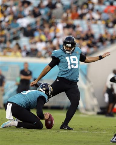 Jacksonville Jaguars place kicker Ryan Santoso kicks a field goal against the Pittsburgh Steelers during Saturday’s preseason game in Jacksonville. (GARY MCCULLOUGH/Associated Press)