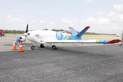 Florida Power and Light unveiled its new fixed-wing drone, FPLAir One, designed to fly into tropical storm force winds to help expedite power restoration Wednesday in West Palm Beach. (CODY JACKSON/Associated Press)