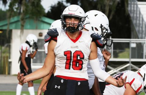 Fort White tight end Avery Giddens gets set to line up for a play during a team scrimmage on Friday. (MORGAN MCMULLEN/Lake City Reporter)