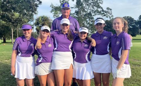 Pictured is this year’s Columbia girls golf team: Megan Ruwe (from left), Veona Osborne, Ashley Nelson, Karlee Gainey, Alison O’Brien and Sydney Jones. Head coach Chet Carter is pictured above.