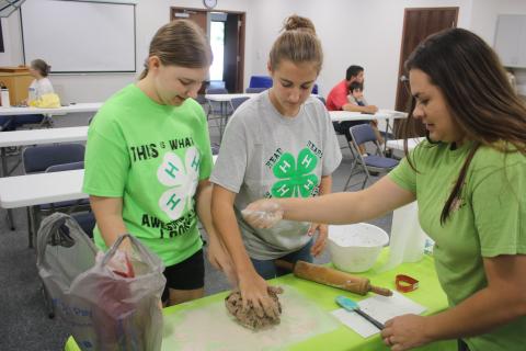 Elizabeth Davis (from left), 16, and Wren Wilkerson, 13, 4H Four Paws members get baking tips and help from Candice Green as the teens work on creating animal treats for dogs on Saturday. (TONY BRITT/Lake City Reporter)