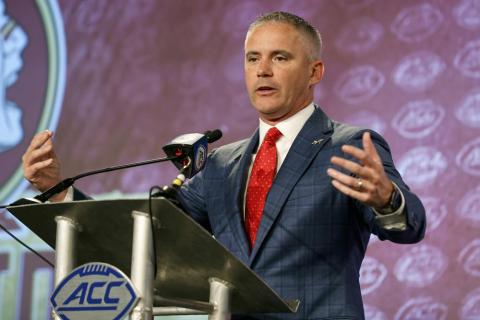 Florida State head coach Mike Norvell answers a question at ACC Media Days on July 20 in Charlotte, N.C. (NELL REDMOND/Associated Press)