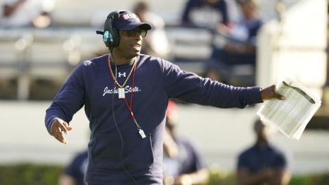 Jackson State football coach Deion Sanders calls out a play in the first half of Jackson State's Blue and White spring game on April 24 in Jackson, Miss. (ROGELIO V. SOLIS/Associated Press)