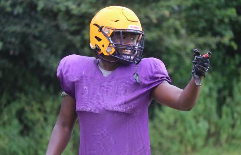 Columbia linebacker Jaden Robinson points to a teammate during Thursday’s practice. (JORDAN KROEGER/Lake City Reporter)