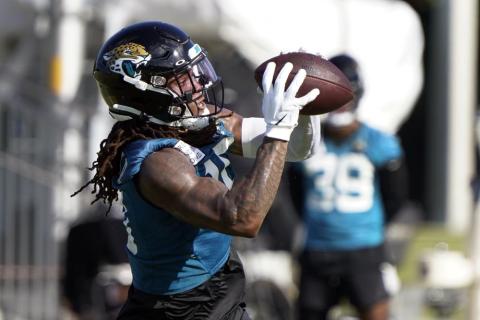 Jacksonville Jaguars wide receiver Laviska Shenault Jr. makes a catch during practice on July 25 in Jacksonville. (JOHN RAOUX/Associated Press)