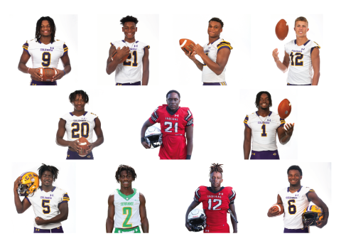 TOP ROW: CHS DE end Rashod Bradley, CHS S Jerome Carter, CHS S Amare Ferrell and CHS WR Camdon Frier. MIDDLE ROW: CHS CB Kani Fulton, FWHS RB/LB Kamarion Griffin and CHS QB Tyler Jefferson. BOTTOM ROW: CHS LB Jaden Robinson, SHS WR/DB Jay Smith, FWHS WR/DB Najeeb Smith and CHS WR Tray Tolliver. (CHS portraits by JEN CHASTEEN; SHS portrait by TAMMY JOHNS; FWHS portraits by MORGAN MCMULLEN)