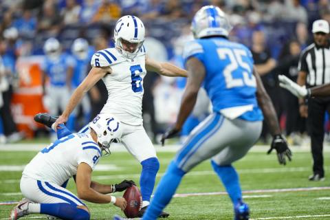 Indianapolis Colts place kicker Jake Verity kicks a field goal from the hold of Rigoberto Sanchez during first half of an NFL preseason football game against the Detroit Lions on Aug. 20 in Indianapolis. (AJ MAST/Associated Press)