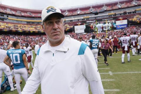 Jacksonville Jaguars head coach Doug Pederson walks off the field after Sunday’s game against the Washington Commanders in Landover, Md. (PATRICK SEMANSKY/Associated Press)