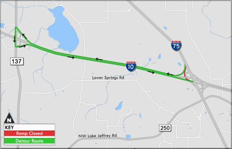 A map shows the detour routes for motorists traveling between Interstate-75 and Interstate-10. (COURTESY)