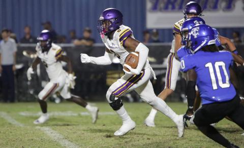 Columbia receiver Tray Tolliver returns a kickoff against Trinity Christian on Friday. (BRENT KUYKENDALL/Lake City Reporter)