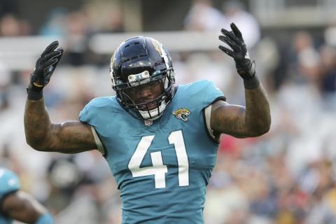 Jacksonville Jaguars linebacker Josh Allen celebrates a sack against the Pittsburgh Steelers during a preseason game on Aug. 20 in Jacksonville. (GARY MCCULLOUGH/Associated Press)