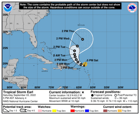 Projected path for Tropical Storm Earl. (NOAA)