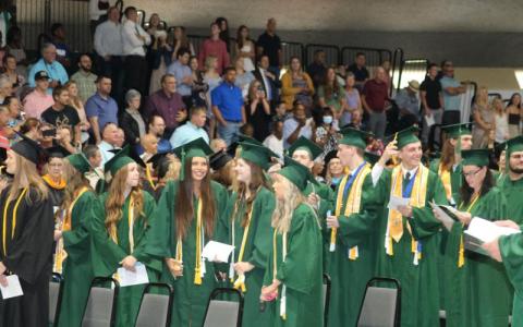 A group of Florida Gateway College graduates celebrate during the college’s graduation ceremony on May 6. (FILE)