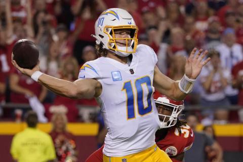 Los Angeles Chargers quarterback Justin Herbert throws against the Kansas City Chiefs on Sept. 15 in Kansas City, Mo. (ED ZURGA/Associated Press)