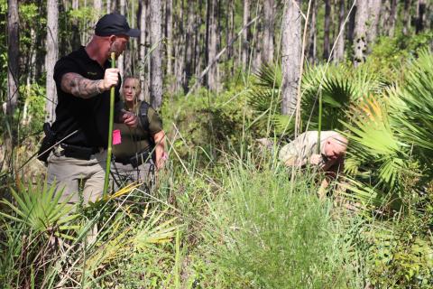 Detectives with the Columbia County Sheriff's Office investigate a wooded area near Baker County where skeletal remains were discovered Monday afternoon. (COURTESY COLUMBIA COUNTY SHERIFF'S OFFICE)