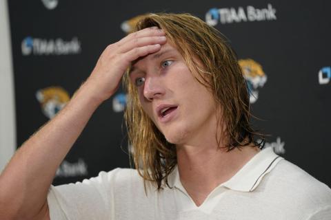 Jacksonville Jaguars quarterback Trevor Lawrence speaking to members of the media following Sunday's game against the Washington Commanders in Landover, Md. Washington won 28-22. (PATRICK SEMANSKY/Associated Press)